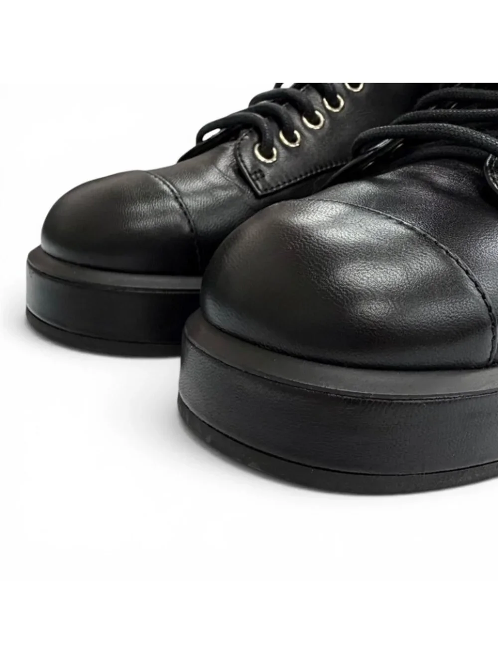 Chanel CC Logo Quilted Lace Up Leather Short Boots Black